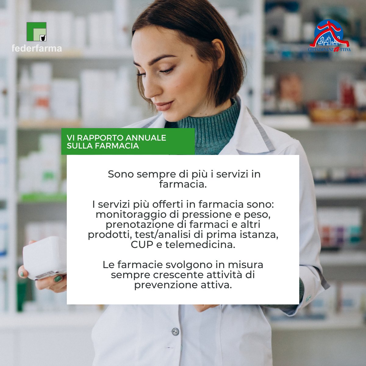 FederfarmaITA's tweet photo. Presentati i risultati del #VIRapportoFarmacia, promosso da @Cittadinanzatti e #Federfarma con il supporto non condizionante di @Teva_IT. 
Il Rapporto Annuale conferma il ruolo della farmacia quale presidio di assistenza integrato nel SSN.
https://t.co/8rMHwuCHlK https://t.co/Izb8mbe9xi