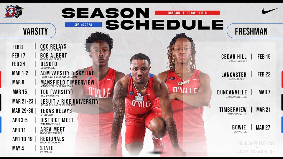 @Duncanville_Tf
<a href="/Ace2smooth_/">Ace “Boogie” Theus</a>
@Duncanville_Fb <a href="/LydiaReddic/">Lydia Reddic M.Ed</a>
<a href="/CoachBrookins/">Coach Brookins</a>
<a href="/CadenDurham29/">Caden “CD” Durham</a>
<a href="/thereal_kori2x/">𝓓𝓪𝓴𝓸𝓻𝓲𝓮𝓷 𝓜𝓸𝓸𝓻𝓮🃏</a>
<a href="/eli4oe6ixx/">Elijah Beal</a>
<a href="/Braywilliams_1/">Brayden Williams</a> <a href="/Timpricejr16/">Timothy price jr</a>
FRESH OFF THE PRESS..
UPDATED SCHEDULE (w/9th Grade info)

LET'S GET IT!!
#DuncanvilleFast #OurTime