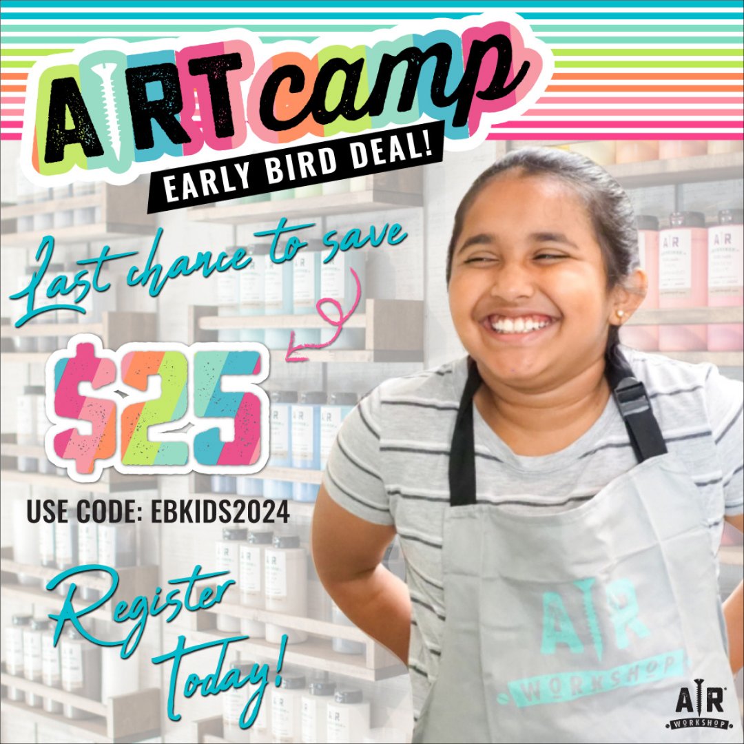 arworkshopmason's tweet photo. LAST CHANCE to take $25 off when you sign your child up for Summer Camp! Offer expires tonight at midnight! 

Code EBKIDS2024 is good for regular priced Summer ARt Camp 4-day or 5-day Sessions.  Not combinable with any other promos. At participating AR Workshop locations only. https://t.co/rOU8OBGweV