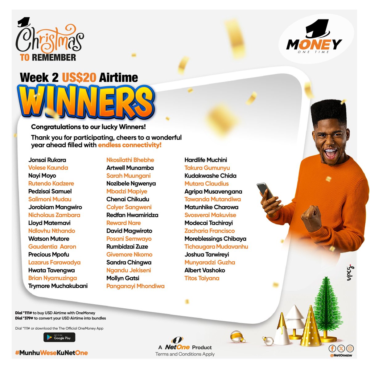 OneMoneyZw's tweet photo. We extend our warmest congratulations to the fortunate winners of our OneMoney USD Airtime Christmas Promotion - Week 2! Each of them has been rewarded with USD $20 worth of airtime. This is a testament to the #ConvenientMove they made by participating in the promotion. https://t.co/8PCEVgZXbz