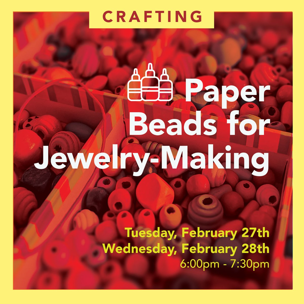 HenHudLibrary's tweet photo. In this two-day class (February 27 and 28), you will learn how to make paper beads (Day 1) and then create jewelry from these hand-made beads (Day 2) with library staff member Cheri Morreale. 

Visit our website to register.

#paperbeads #jewelrymaking #crafts #homemadejewelry https://t.co/0xnzdjcU6t