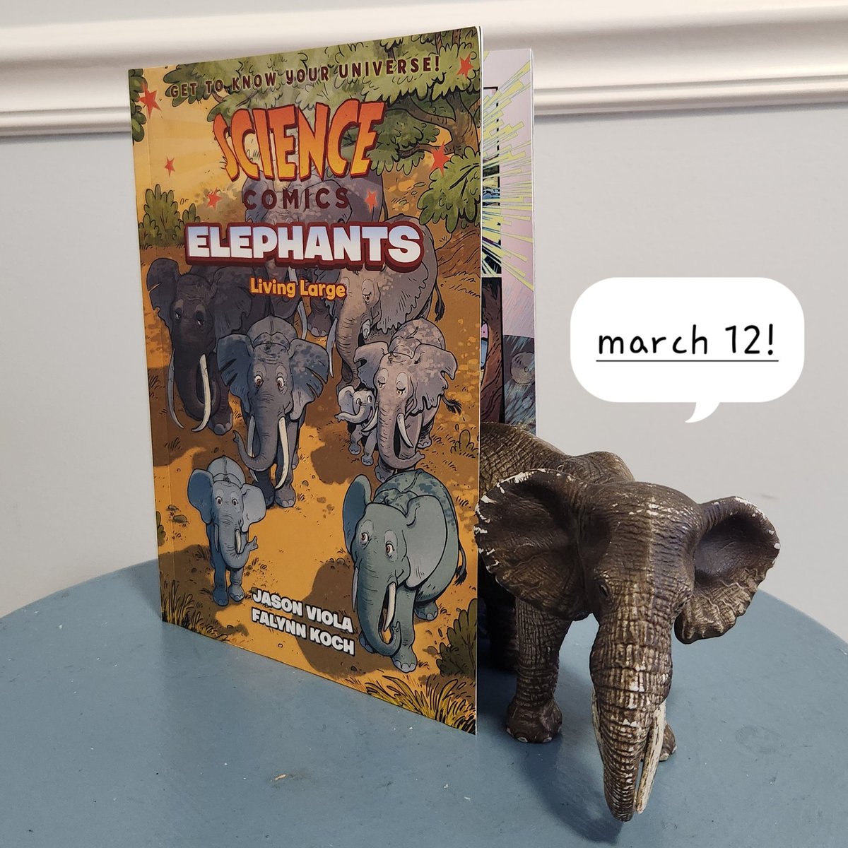 Falynn Koch and I have a new book coming out in 28 days that is ALL ABOUT ELEPHANTS! I loved writing this book and remain in love with the alternately gorgeous and hilarious art by @FalynnK - we can't wait for you to read it! 🐘 #elephants #sciencecomics