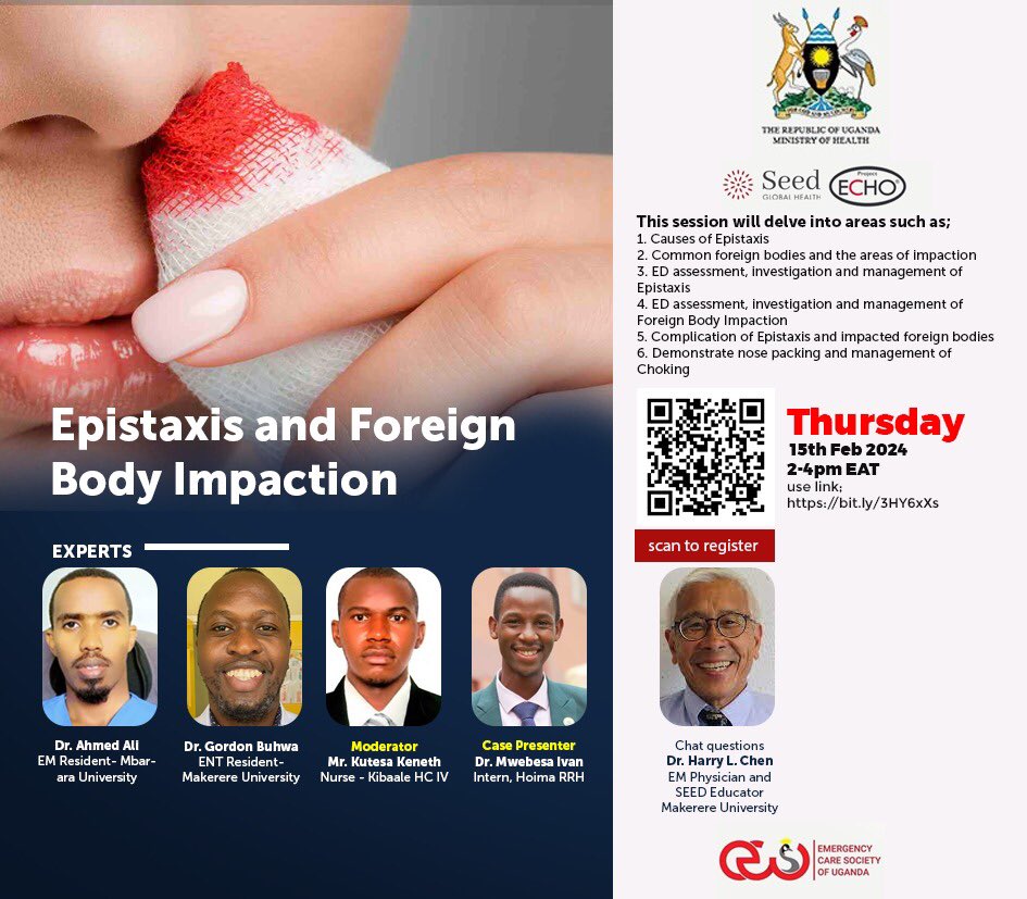 Join us for an enlightening session on Epistaxis and Foreign Body Impaction. Learn from our expert panelists as we delve into key areas including causes, assessment, and management. 📆: THURSDAY, 15th Feb 2024 ⏱️: 2:00pm EAT Register now 👉🏾: echo.zoom.us/meeting/regist… #echoems