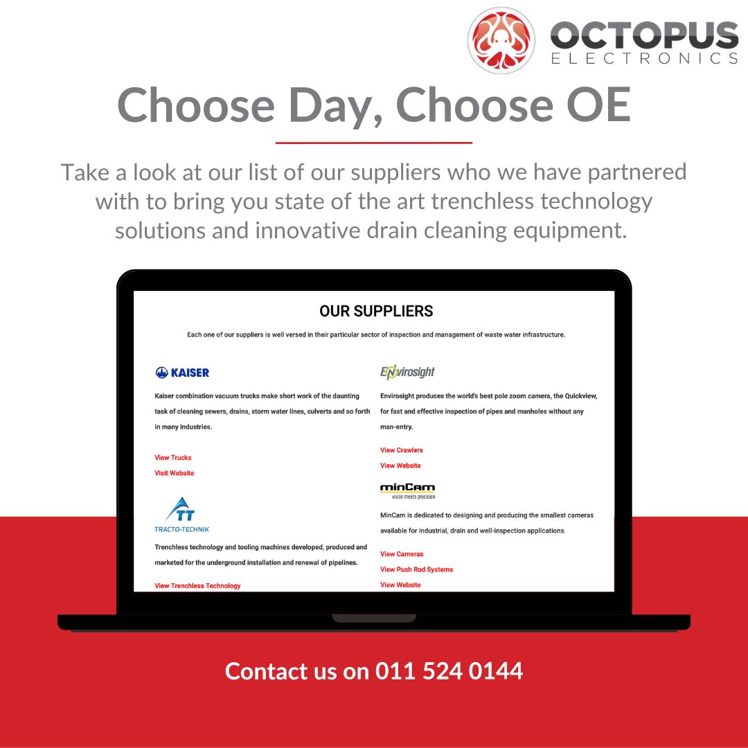 From CCTV cameras to trenchless equipment, our extensive list of suppliers ensures that we provide top-of-the-line products to meet your needs. Choose Octopus Electronics and choose excellence! 🪴🌟 

#ChooseDay #OctopusElectronics #TrustedSuppliers