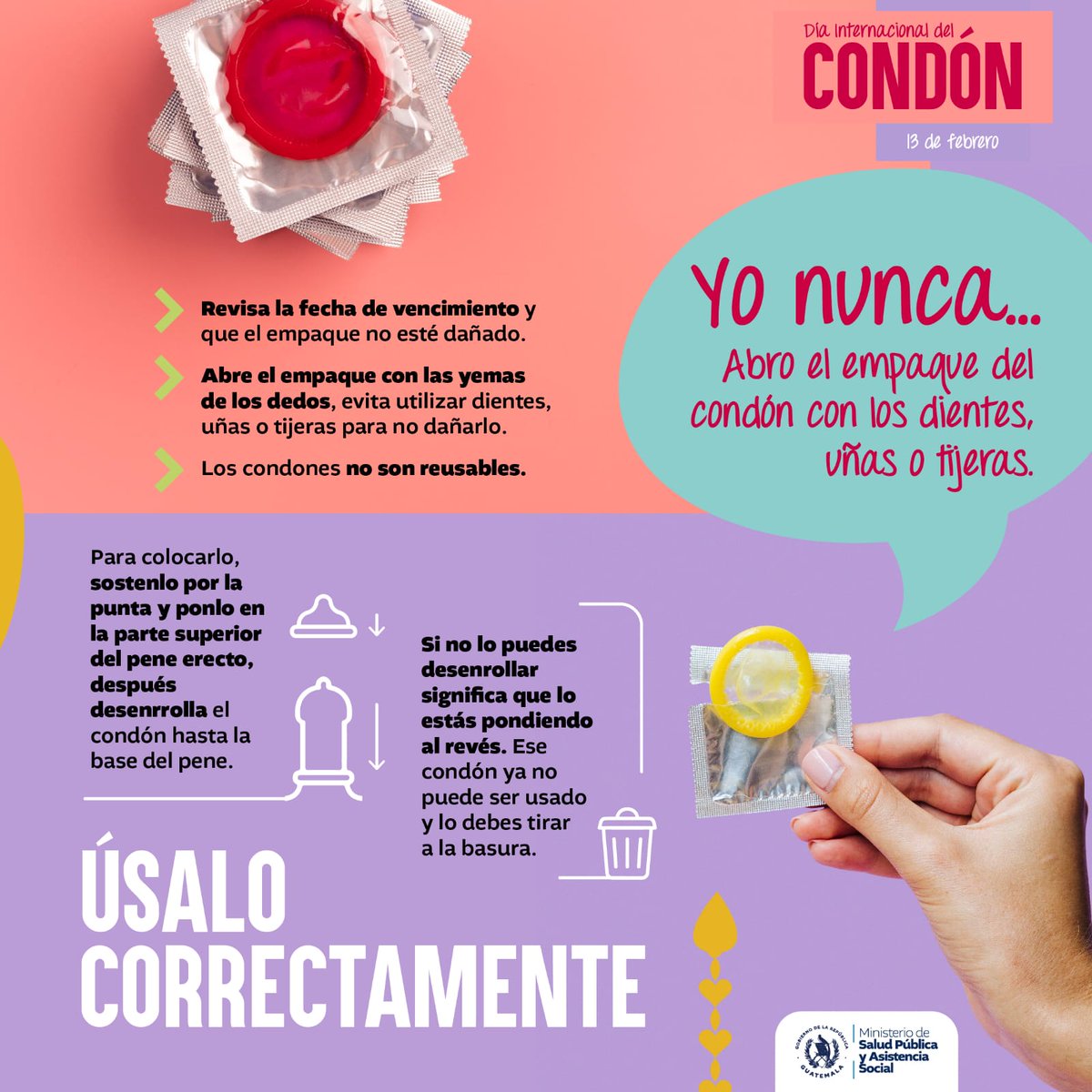 MinSaludGuate's tweet photo. 13 de febrero | Día Internacional del Condón.

🌟 El Día Internacional del Condón nos recuerda la importancia de tomar decisiones responsables sobre nuestra salud sexual. Usa condón y protégete siempre. 🛡️ https://t.co/7QPh7jgh45