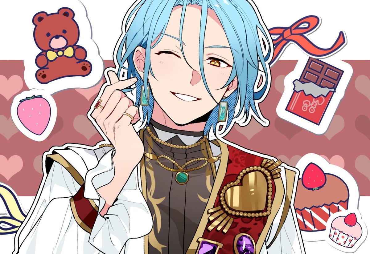 1boy male focus chocolate food jewelry blue hair one eye closed  illustration images