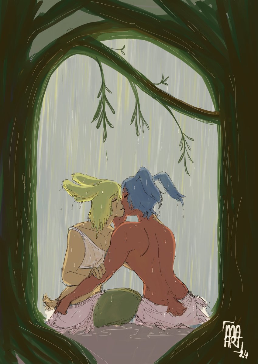 morganaliART's tweet photo. #OCKissWeek - Day 2 - Rain
Hazel and Blackavar seek shelter after getting caught in a heavy downpour.
#ffxiv #wolship #OCKiss24 https://t.co/1ZHRCo4BuV