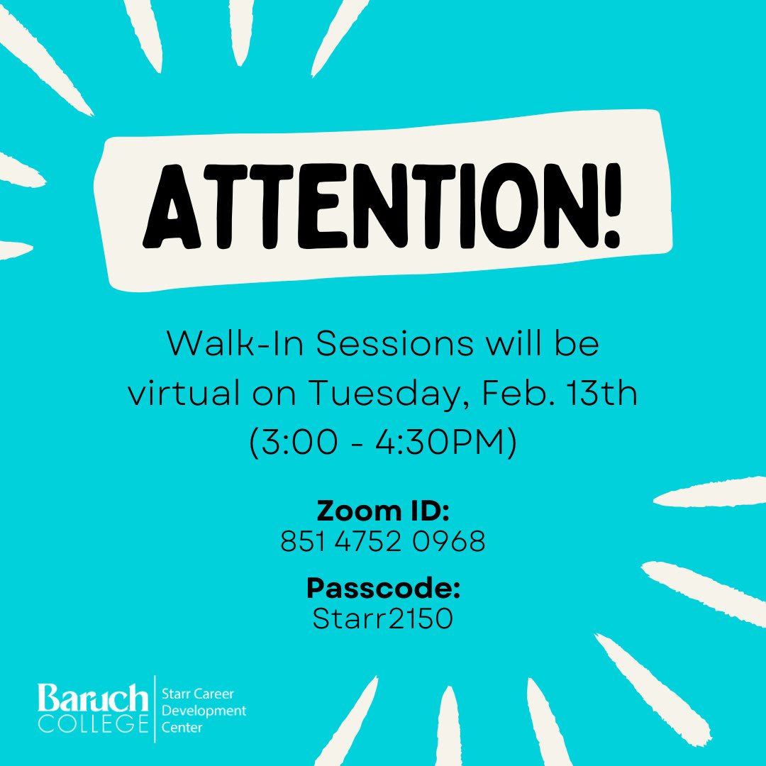 Baruch College will be operating remotely today, Tuesday, February 13, due to the winter storm. As such, we will be having virtual walk-ins from 3:00-4:30pm. Zoom ID: 85147520968 Passcode: Starr2150 #BaruchCollege #BeBaruch #BaruchStarr #BaruchWorks