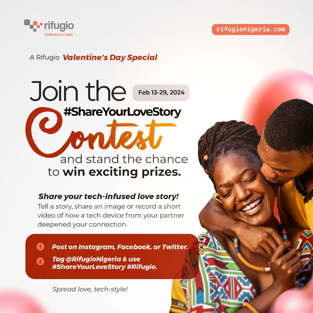 RifugioNigeria's tweet photo. Real lovers it’s time for you to show workings with Rifugio’s Valentine’s Contest. 

Share your tech-love story this Valentine's, and stand a chance to win amazing prizes up to 50,000 for you and yours. 

Click this link to enter https://t.co/x8p53JS2nR https://t.co/eIqL1oySyG