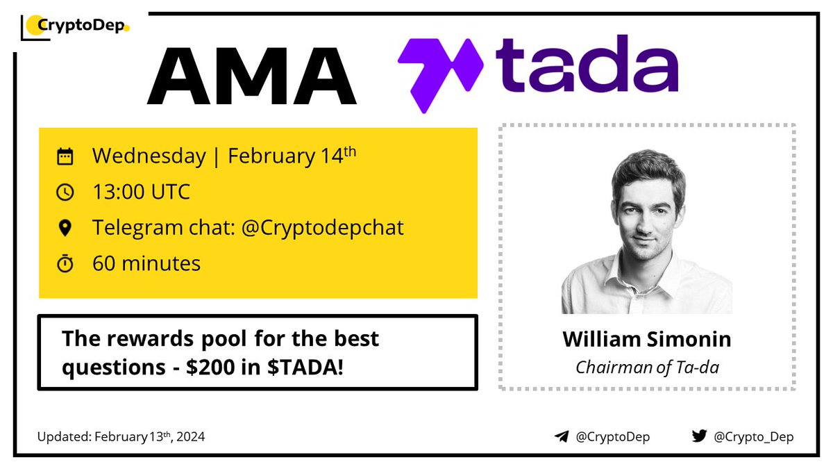 Crypto_Dep's tweet photo. 👑Dear community, #CryptoDep will host an AMA with @Ta_da_io $TADA team on Wednesday, 14th of February, at 13:00 UTC in the CryptoDep Chat

💰 The reward pool for the best questions - $200 in $TADA!

Ta-da, incubated by @Morningstar_vc, is a "talk-to-earn" Web3 app, that connects businesses that need datasets for AI training with individuals who could earn tokens by recording and checking voice data.

📍Follow our chat & prepare your questions   
 🗣 https://t.co/fYQkWr86ym