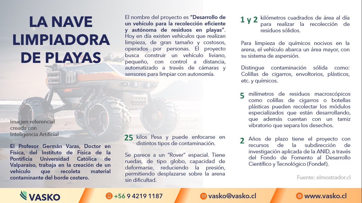Vasko_SPA's tweet photo. 📰 👨‍🚀 Parece de la Nasa, pero es chileno y limpiará nuestras playas. 👀 📰

#playa #arenas #mar #limpieza #ecologia #playasLimpias #litoral #costa #arenasLimpias #vacaciones #basura #municipalidades #tecnologia #robotica #empresas #norte #centro #sur #chile #vasko https://t.co/7tQVn0b619