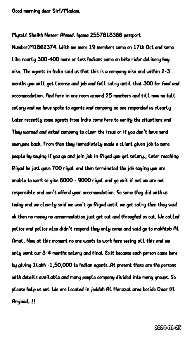 mrshayar07's tweet photo. We lost lakhs of rupes and wasted 4months no job nthng inspite of posting it here to get help from embassy they got compromised with JHRO JEDDAH And throughed us out we took help of agent in Makka Paid 1000 riyl and spent 1wek in Jail and return INDIA @MojKsa_EN @IndianEmbRiyadh https://t.co/ZVGSeEcFYJ