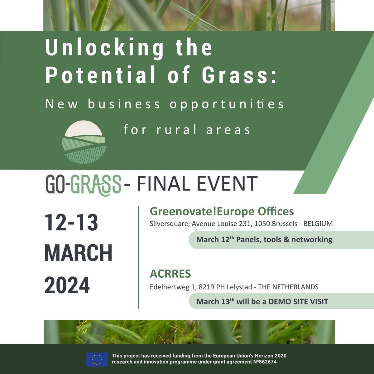 We will host @GoGrassEU final event in #Brussels! Join a 2-day event on #sustainable business opportunities in rural areas 🗓 March 12th & 13th 📍 Brussels & The Netherlands 🚌 Demo visit More info: linkedin.com/feed/update/ur… @MarginUp_EU @CORDIS_EU