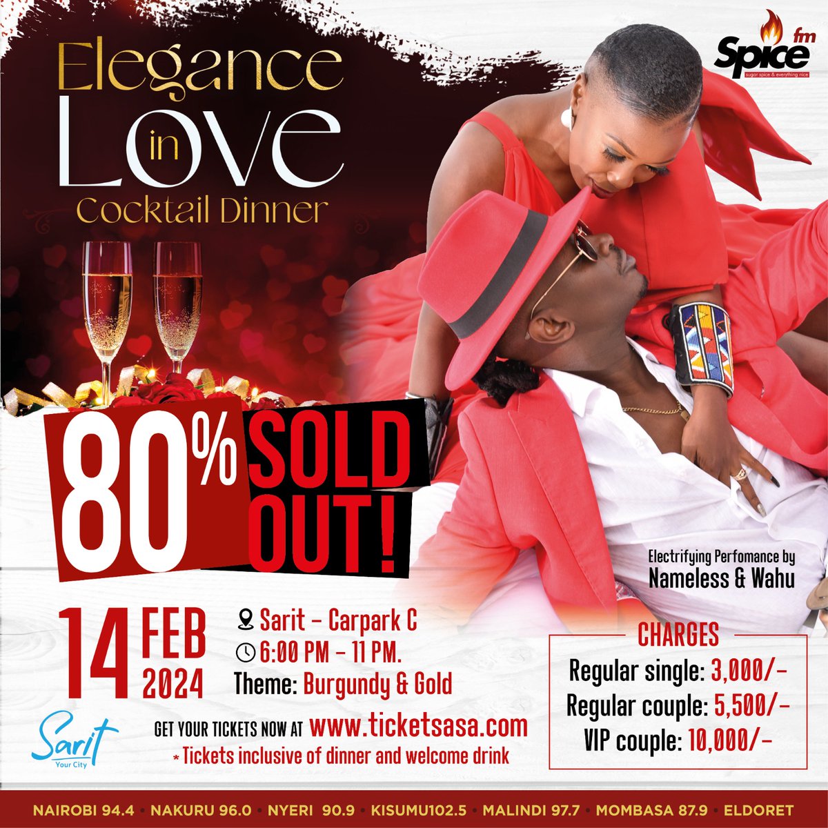 SpiceFMKE's tweet photo. 80% SOLD OUT! 🥳🥳🥳
Tickets: https://t.co/YnZt1mmQIr… #CountdownToValentines #WhispersofLoveAtSarit
@SaritYourCityB @namelesskenya
@wahukagwi https://t.co/qtT2X8lDih