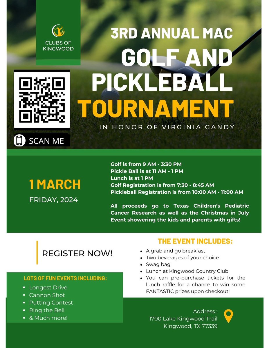 M_AgainstCancer's tweet photo. Our 3rd Annual Golf Tournament &amp; Pickle Ball Mixer is only a few weeks away!! Get out those clubs &amp; racquets &amp; join us March 1, 2024!  All proceeds go to benefit Texas Children’s Cancer Center. Register with the QR code on the flyer or link below. ⛳️🏆

https://t.co/xK69QZh87m https://t.co/QIpxZwPsgz