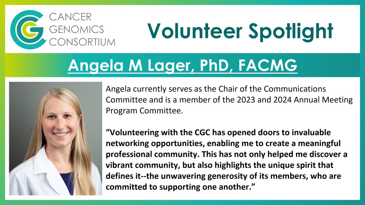 Join us in congratulating Angela M Lager, PhD, FACMG (@demandgela) who is being featured in our February #CGCspotlight! Angela currently serves as the Chair of the Communications Committee and is a member of the 2023 and 2024 Annual Meeting Program Committee. 1/2