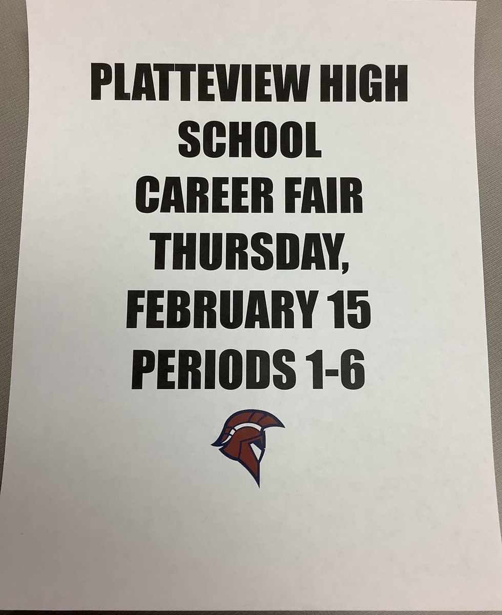 TrojanCareers's tweet image. 2 Days Until we host the @Platteview_HS Career Fair!  February 15 is the Date!  Looking forward to a great day!! #TrojanProud @nebraskacte @SpringfieldPV