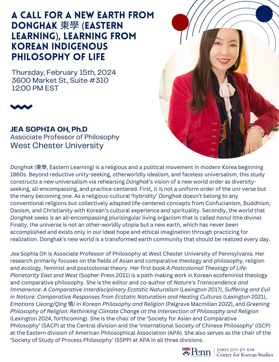 REMINDER: Start off the lunar new year with this week's colloquium guest, Dr. Jea Sophia Oh from West Chester University! Lunch will be provided.

If you are unable to attend in-person, you can join us virtually here: upenn.zoom.us/meeting/regist…

#KoreanStudies
