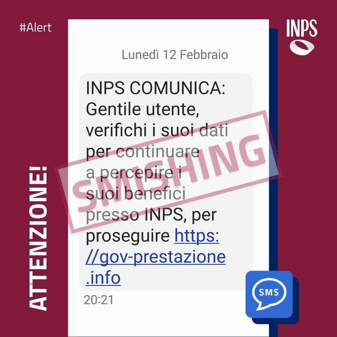 INPS_it's tweet photo. ⚠️ #Attenzione sono stati segnalati all'Istituto #SMS provenienti da un falso mittente #INPS.
Non cliccare sul link e non fornire dati o caricare documenti personali!
#InpsComunica #Alert #Smishing #AttentialleTruffe https://t.co/q77hE0xqpi