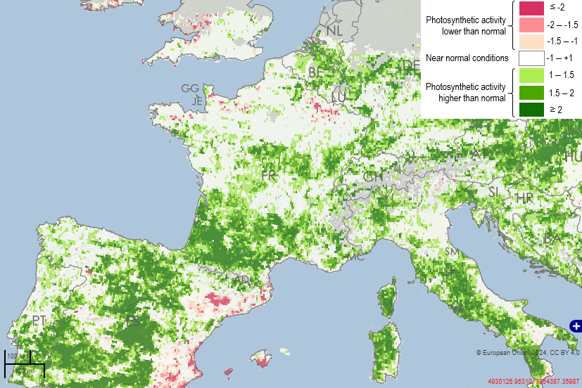 🌡️ Après trois semaines de grande #douceur, la végétation s'est réveillée et a pris beaucoup d'avance. Toutes les zones en vert sur la carte ci-dessous montrent les régions où l'avance est la plus forte. 🌿 (carte EDO)