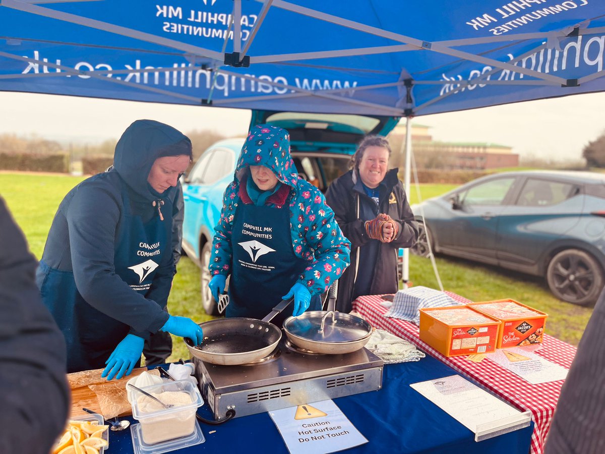 LucyDaviesMK's tweet photo. It was drizzly and damp but fueled by @CamphillMK pancakes and with plenty of cheering the MK Rose Corporate Pancake Race was a lot of fun! Well done to our planning advisors SmithJenkins who came 1st and @mksnap who won the para race.  #PancakeDay #MKRose https://t.co/XHP8HlzwXo
