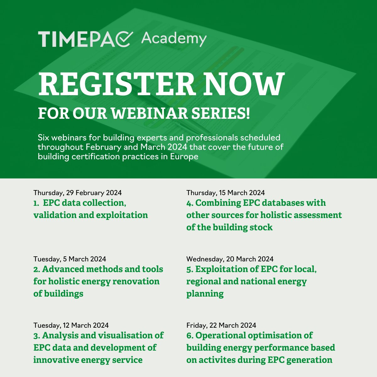 Timepac Project (@timepac) on Twitter photo ๐ขThe #TIMEPACacademy is here!  
#Building experts and professionals are invited to a new #webinar series focused on the latest applications of enhanced #Energy Performance Certification in Europe.  
Find out more: timepac.eu/timepac-academโฆ 
#EPC #SRI #EPBD #renovationwave ๐ขThe #TIMEPACacademy is here!  
#Building experts and professionals are invited to a new #webinar series focused on the latest applications of enhanced #Energy Performance Certification in Europe.  
Find out more: timepac.eu/timepac-academโฆ 
#EPC #SRI #EPBD #renovationwave