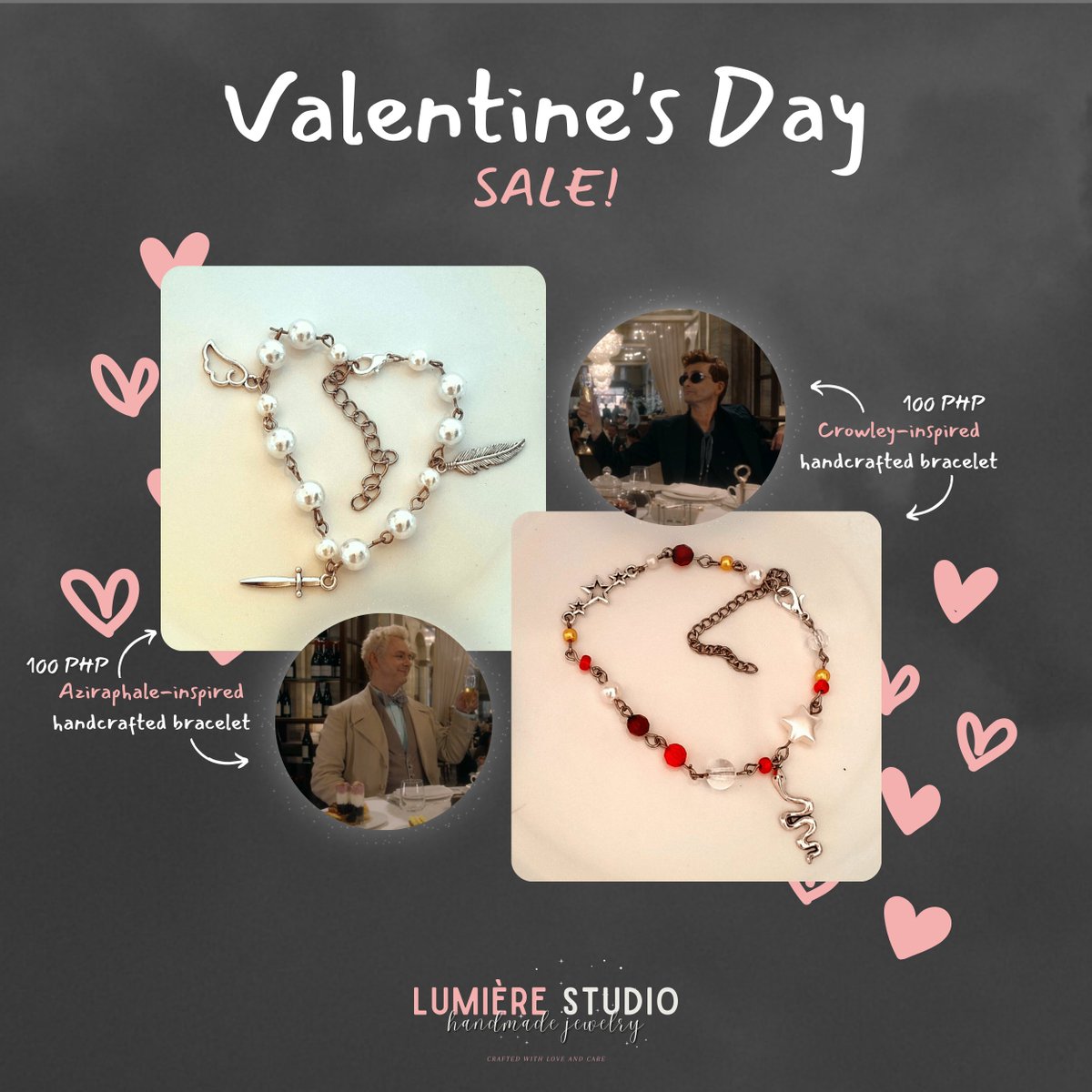 _estudiolumiere's tweet photo. Love, flashes of love! 💖✨

Get 14 pesos off a pair of Good Omens-inspired bracelets and enjoy a heavenly 14% off when adding on other items spending a minimum of 500 pesos.  😇💘 

Also available for worldwide delivery.

Send us a DM now! T&amp;Cs apply. https://t.co/cgVlv0KIIj