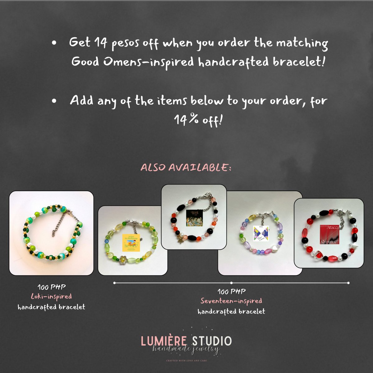 _estudiolumiere's tweet photo. Love, flashes of love! 💖✨

Get 14 pesos off a pair of Good Omens-inspired bracelets and enjoy a heavenly 14% off when adding on other items spending a minimum of 500 pesos.  😇💘 

Also available for worldwide delivery.

Send us a DM now! T&amp;Cs apply. https://t.co/cgVlv0KIIj