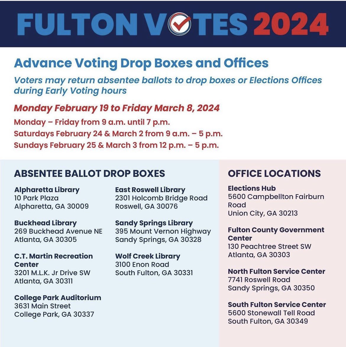🇺🇸 Advance voting for the March 12 Presidential Preference Primary begins next Monday, February 19. Every vote counts! Skip the lines and vote early. For more info visit fultoncountyga.gov or download the free Fulton Votes mobile app. #EarlyVoting #FultonVotes 🗳️