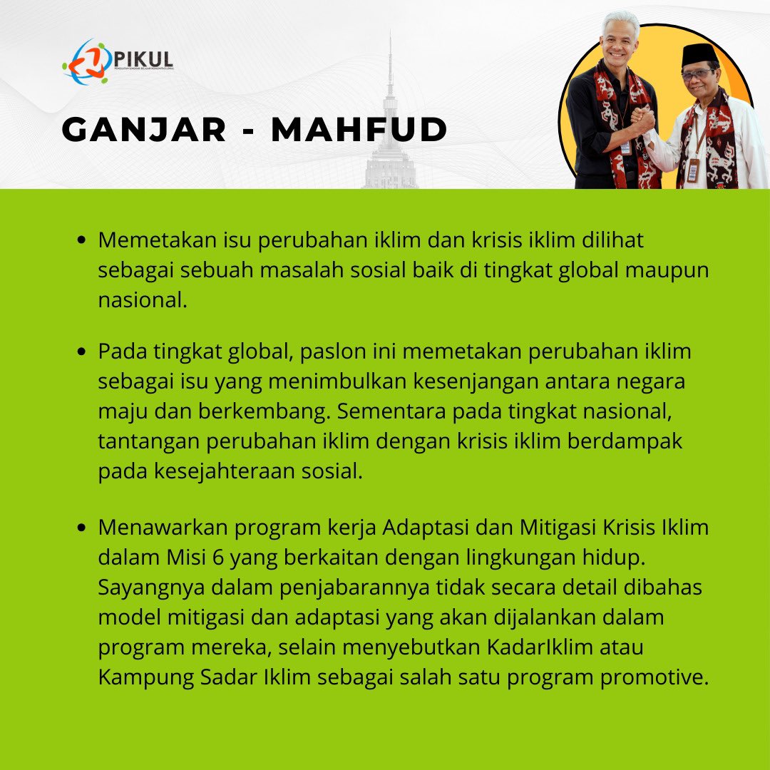 pikul_kupang's tweet photo. Apakah pasangan calon memiliki komitmen penegakan Keadilan Iklim terhadap tema tersebut?’ Dalam analisa ini, Keadilan Iklim merujuk pada Keadilan Rekognitif, Prosedural, Korektif dan Distributif.

#Pemilu2024 #AniesAmin #PrabowoGibran #GanjarMahfud #SalahPilihSusahPulih https://t.co/qvf9LgqcwV