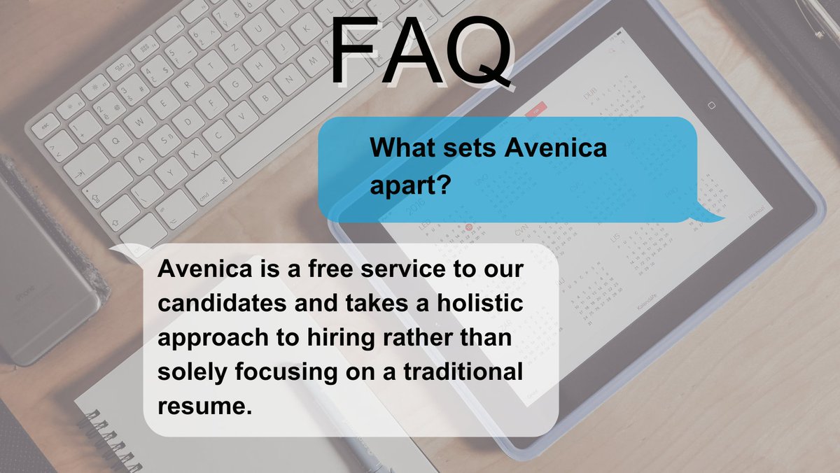 What sets Avenica apart?

Our goal is to not only connect our candidates to our opportunities that align with their goals and interests but also provide coaching through interviews and navigating a new career.