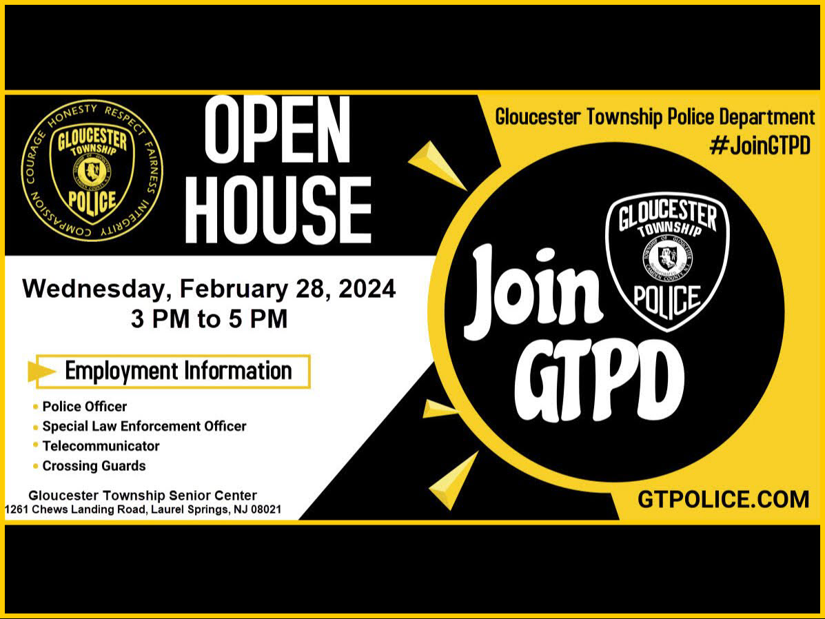 GloTwpPolice's tweet photo. The #JoinGTPD Recruiting Team will be hosting an Open House on February 28nd! Wednesday, February 28, 2024 from 3 PM to 5 PM at the Gloucester Township Senior Center, 1261 Chews Landing Rd, Laurel Springs, NJ 08021 (next to GTPD Headquarters). Details: https://t.co/FAkMC1UKkx https://t.co/7iDzi97W8y