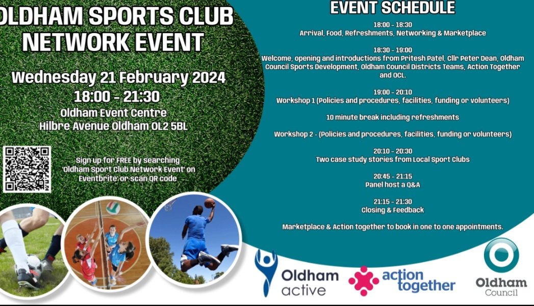 A week tomorrow is our 1st Oldham Sports Club Network Event at Oldham Event supporting sports clubs to reach their full potential. Closing date to sign up for the event is Friday 5pm. 

Hope to see everyone there. 
#MoveMoreFeelBetter #Oldham