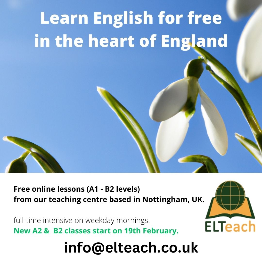 ELTeach (@elteach4) on Twitter photo Hello A2 & B2 students!
Our ELTeach weekday morning international classes begin again on Monday 19th February.
These fun lessons feature idioms, skills practice, grammar review and conversation in English.
Please write to info@elteach.co.uk for a level test and the links. Hello A2 & B2 students!
Our ELTeach weekday morning international classes begin again on Monday 19th February.
These fun lessons feature idioms, skills practice, grammar review and conversation in English.
Please write to info@elteach.co.uk for a level test and the links.