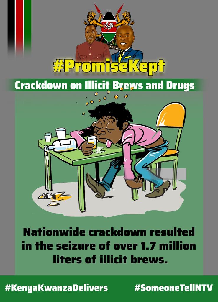 President Ruto and his deputy committed themselves in leading fight against drug and illicit brews .Deputy President has been leading that campaign in Mt Kenya in which illicit brews have reduced.#PromiseKept.#DeliveringThePlan