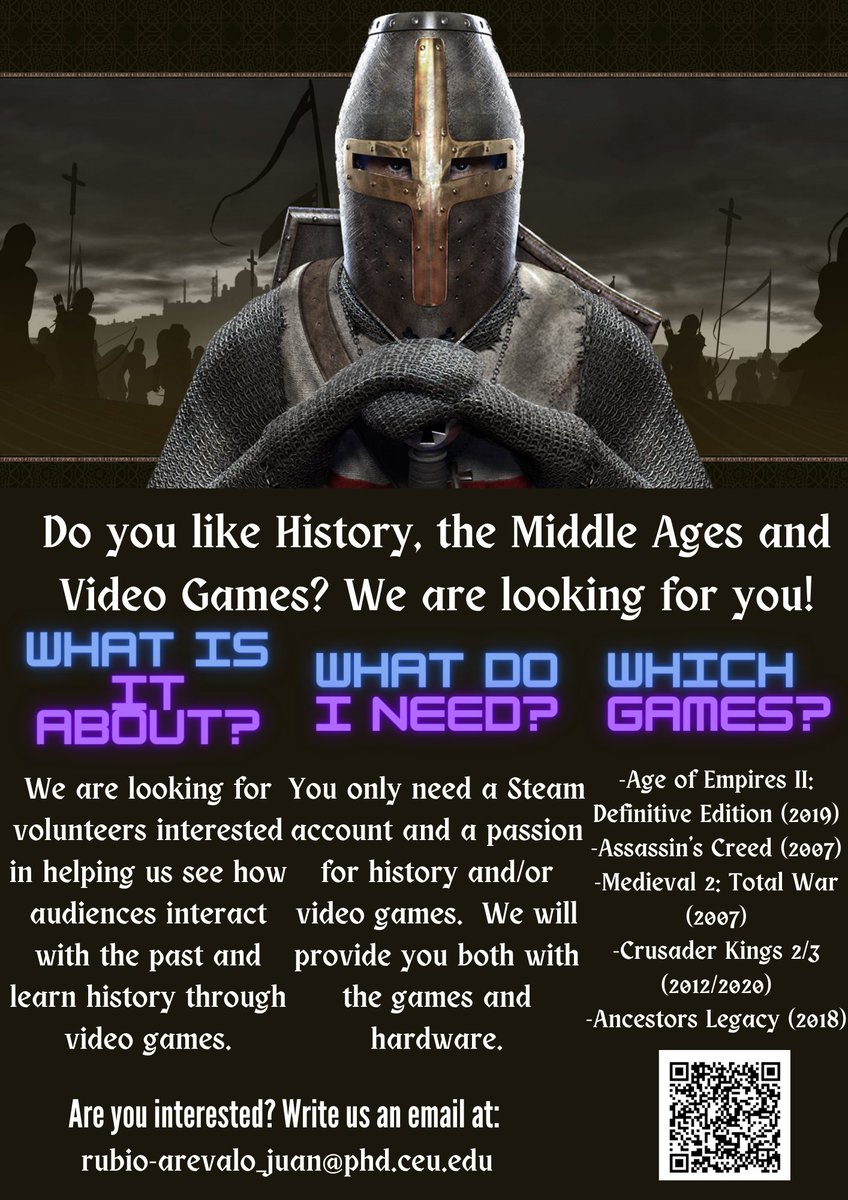 @jmrubio120 is doing some research on History, the Middle Ages and Video Games and is looking for volunteers. This looks really interesting!