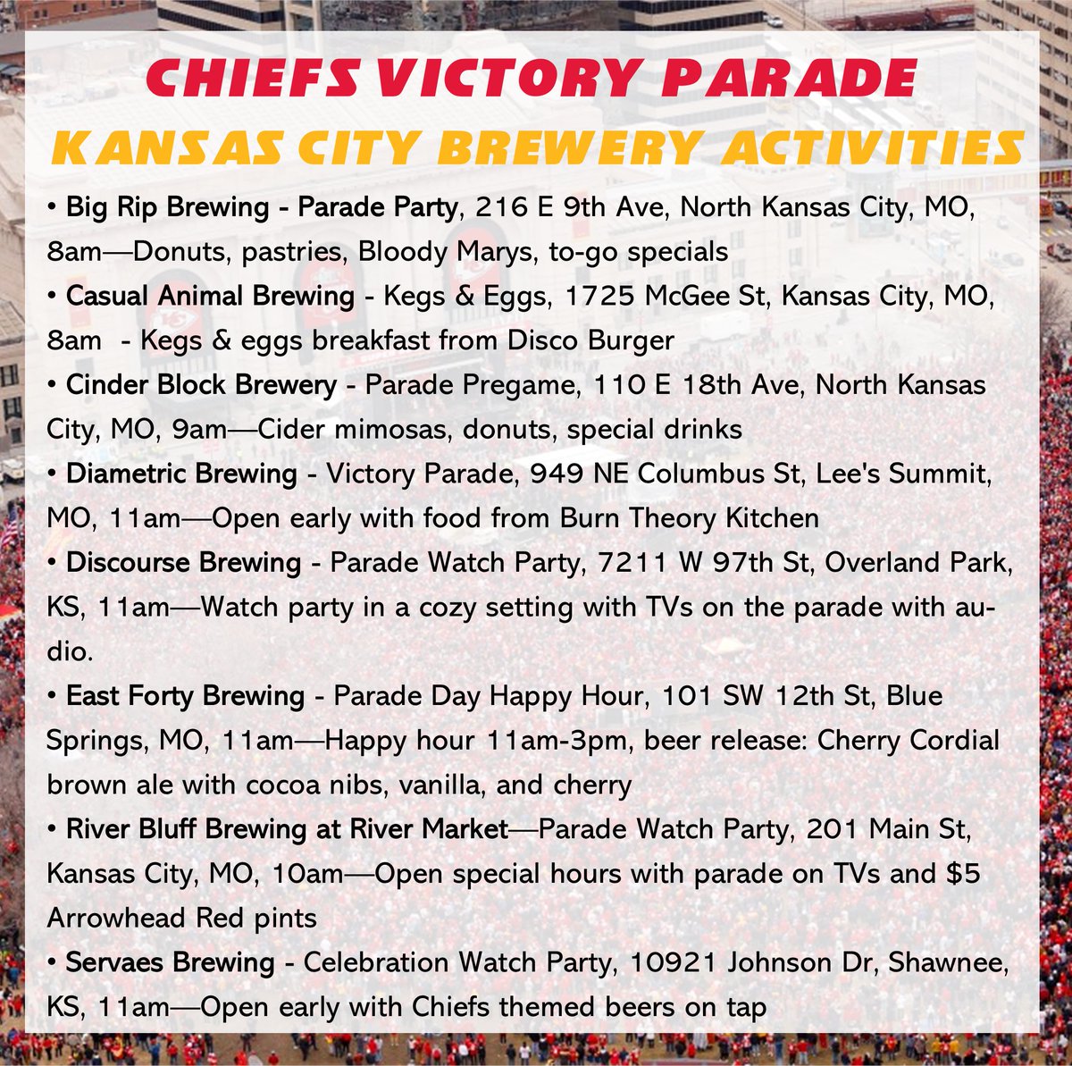 Lots of red tomorrow for Valentine's Day and, oh yeah, a Victory Parade! If you don't want to venture out among the huge crowd, spend some time at your favorite brewery. Here's a list of some breweries that are celebrating tomorrow.