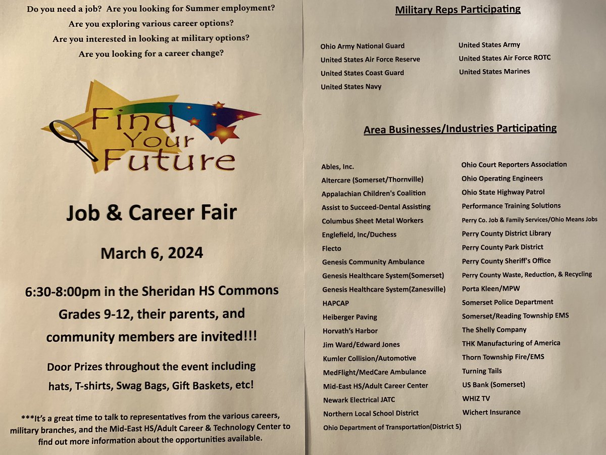 SHSSchoolCouns1's tweet photo. Do you need a job? Are you exploring career or military options?  Do you need a career change?  Join us for the Sheridan HS Job &amp; Career Fair on 3/6/24 @ 6:30pm in the Commons. 9-12 students, their parents and community members are invited!!! Door prizes!!! https://t.co/n9NzoeP9o3