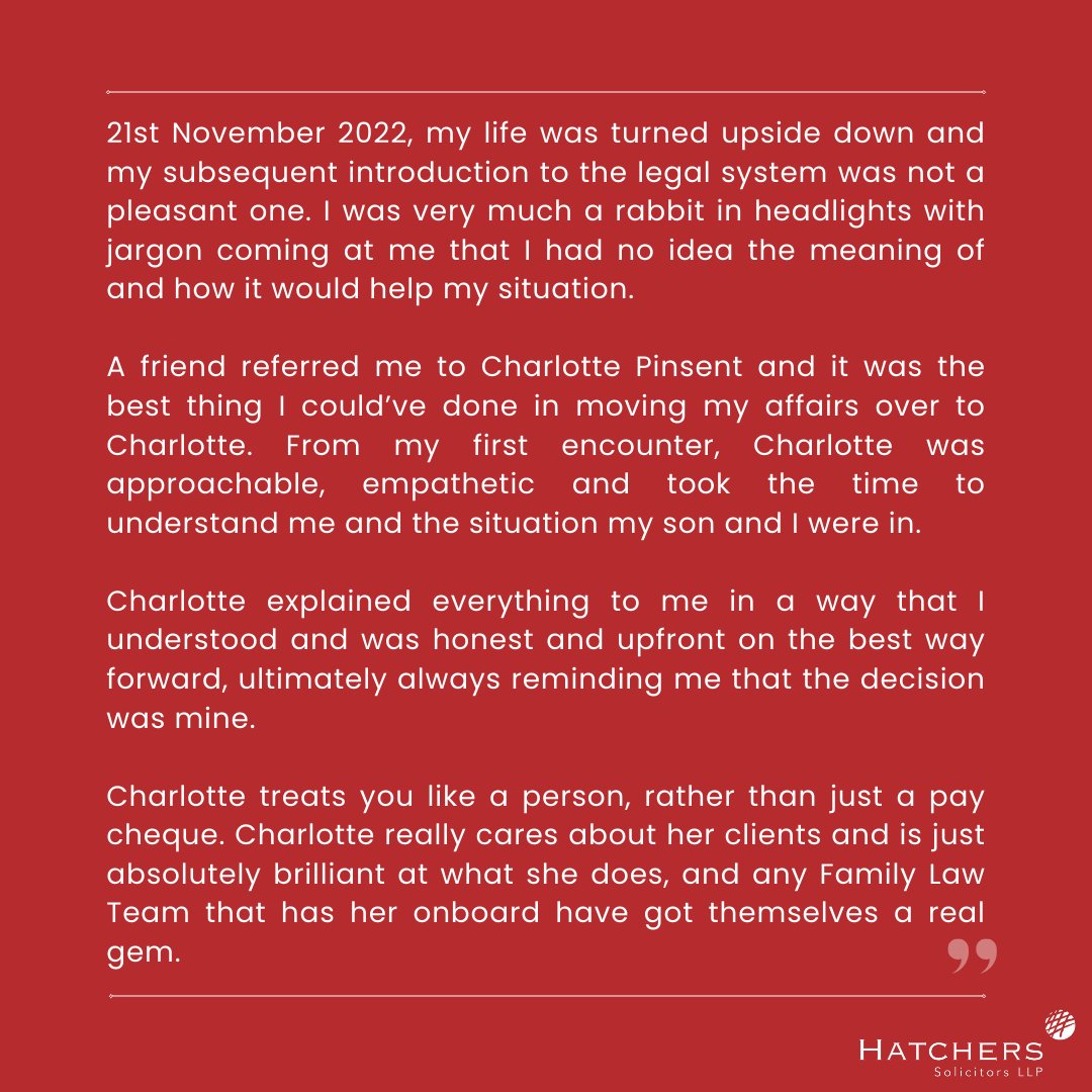 HatchersLLP's tweet photo. A huge well done to Charlotte Pinsent from our Family Law Team, who has received a 5-star review from one of her clients! https://t.co/jSgaWzcNrx