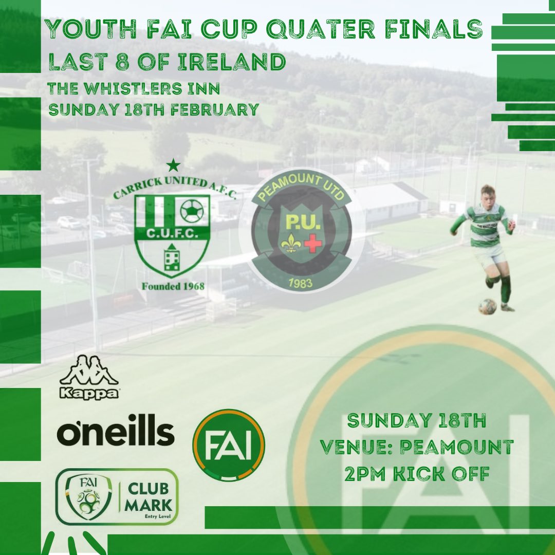 ⏳5 Days to go⏳
5 days until our Youth team travel to Dublin to face Peamount in the Quater finals of the FAI Youth Cup. They continue their preparations tomorrow night in Tom Drohan Park under the lights as they face our 3A team at 7pm. keep up the good work lads🟢⚪️