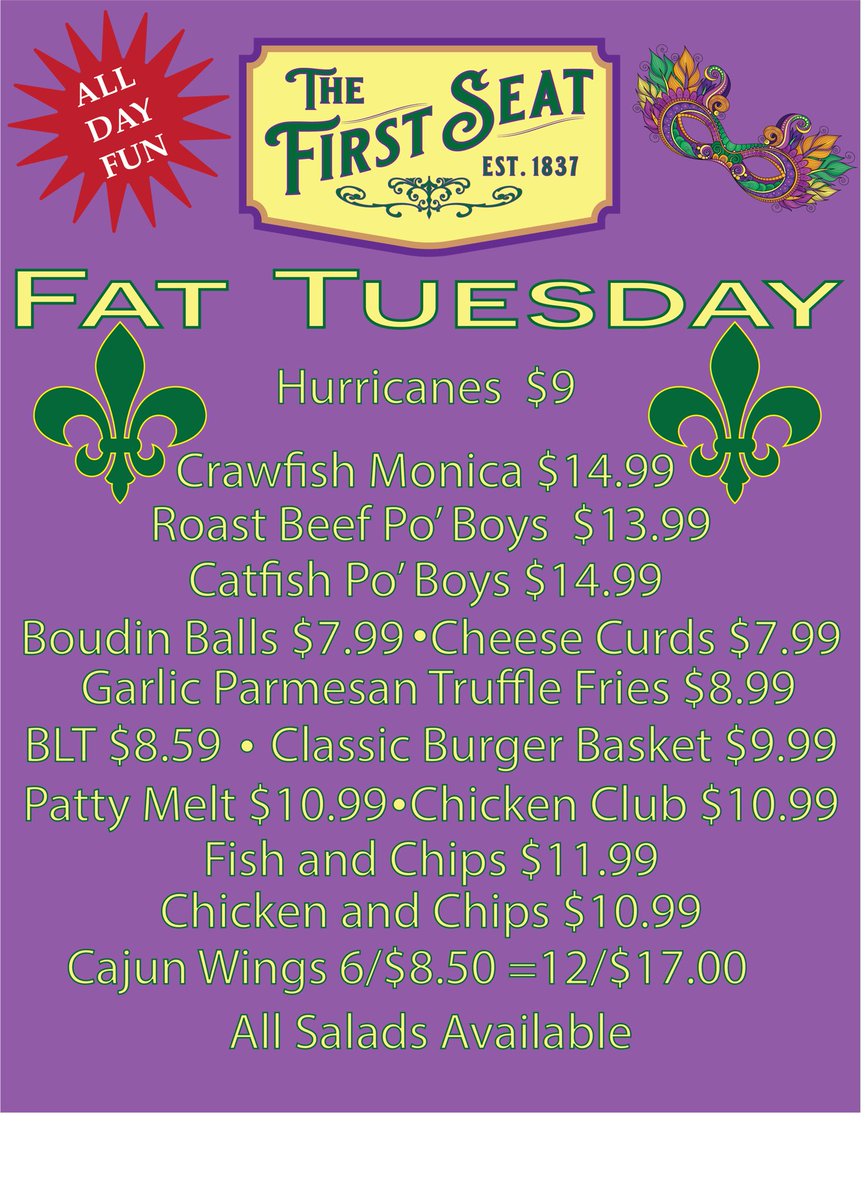 thefirstseatpub's tweet photo. Today’s menu to celebrate Mardi Gras. If you’re in downtown Bentonville, come join us! https://t.co/Zwc0GJtiVK