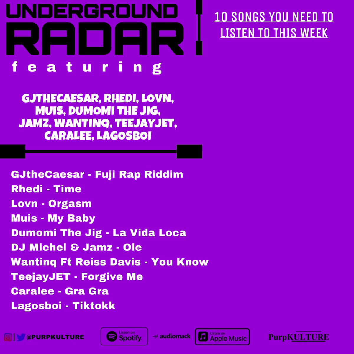 10 SONGS YOU NEED TO LISTEN TO THIS WEEK 💜

1️⃣ GJtheCaesar - Fuji Rap Riddim
2️⃣ Rhedi - Time
3️⃣ Lovn - Orgasm
4️⃣ Muis - My Baby
5️⃣ DumomiTheJig - La Vida Loca
6️⃣ DJ Michel &amp; Jamz - Ole 
7️⃣ Wantinq - You Know 
8️⃣ TeejayJET - Forgive Me
9️⃣ Caralee - Gra Gra
🔟 Lagosboi - Tiktokk