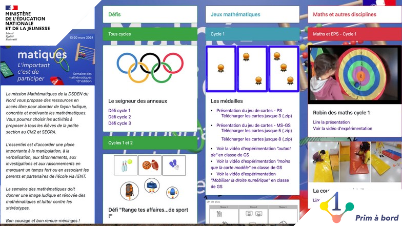 Cycles 1⃣, 2⃣ et 3⃣ | Enseigner | #SDM2024

📌 Vivre la semaine des mathématiques, un mini-site de la mission mathématiques de la DSDEN du Nord

▶️ primabord.eduscol.education.fr/vivre-la-semai…

✅ des défis
✅ des jeux mathématiques
✅ des activités associant les mathématiques à d’autres disciplines