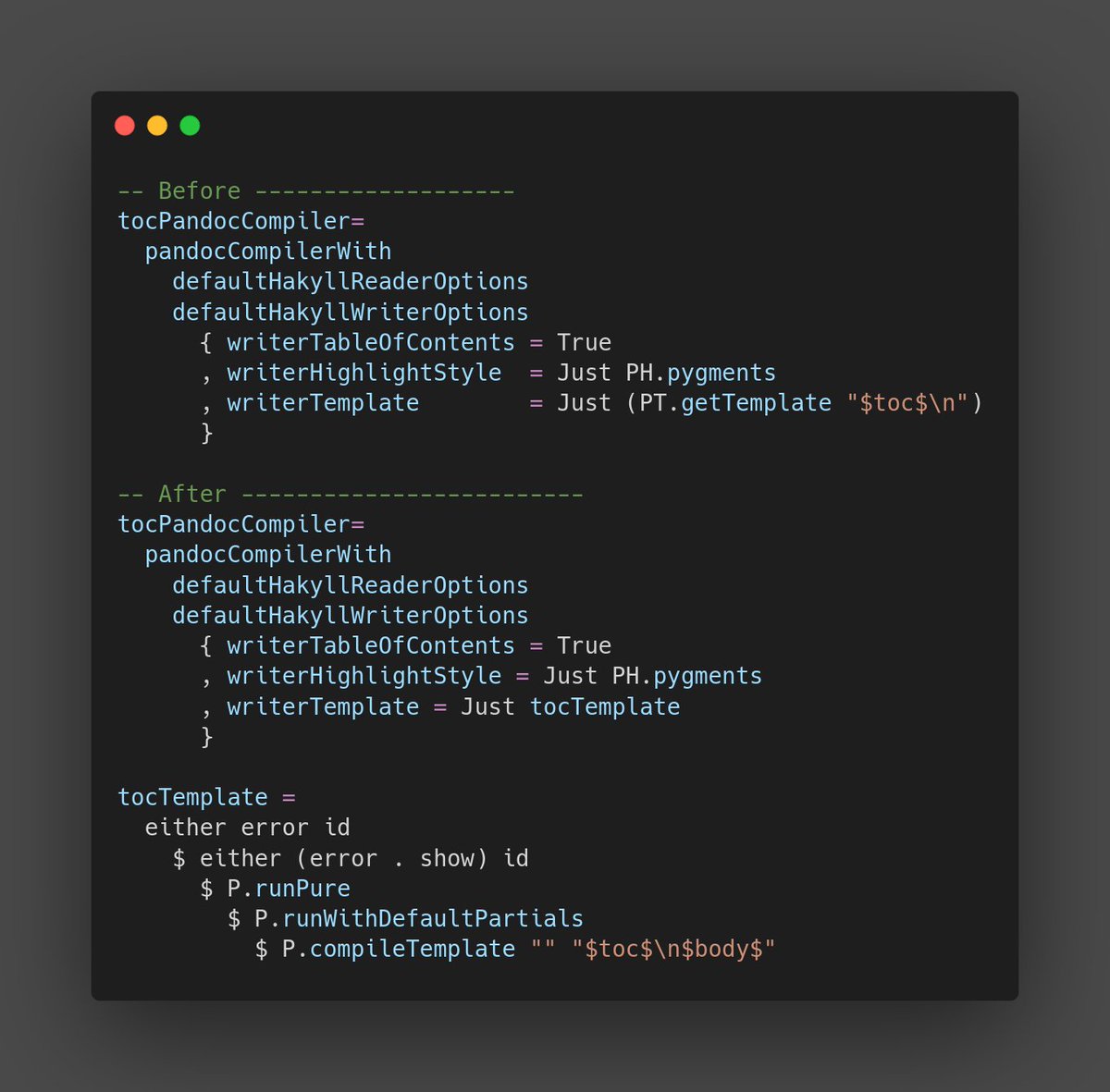 sigrlami's tweet image. I needed to upgrade my old #Haskell #Hakyll website and was perplexed by how complex string conversion became due to upgrades in #Pandoc. 
Before that(pre-2020) I could call it by name, now I need to go through 5 levels of unwrapping with 2 exception handlers. 🤔