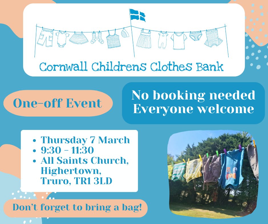 CornwallCCB's tweet photo. We're holding a one-off event
Thursday 7 March
All Saints Church Hall, Highertown, Truro. TR1 3LD 9:30am to 11:30am
We've a lot of pre-loved children’s winter clothes &amp; generic school uniform
No charge
Everyone welcome
No need to book
Don’t forget a bag or 2 - not a suitcase! https://t.co/K6OqHamhr1