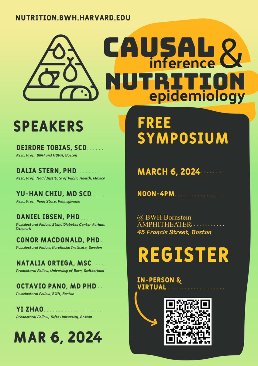 We're hosting a symposium Mar 6 (in-person @BrighamWomens & virtual) to bring you a line-up of brilliant nutrition colleagues & epidemiologists to discuss methods and works in progress addressing some of diet research's biggest challenges. To register: nutrition.bwh.harvard.edu