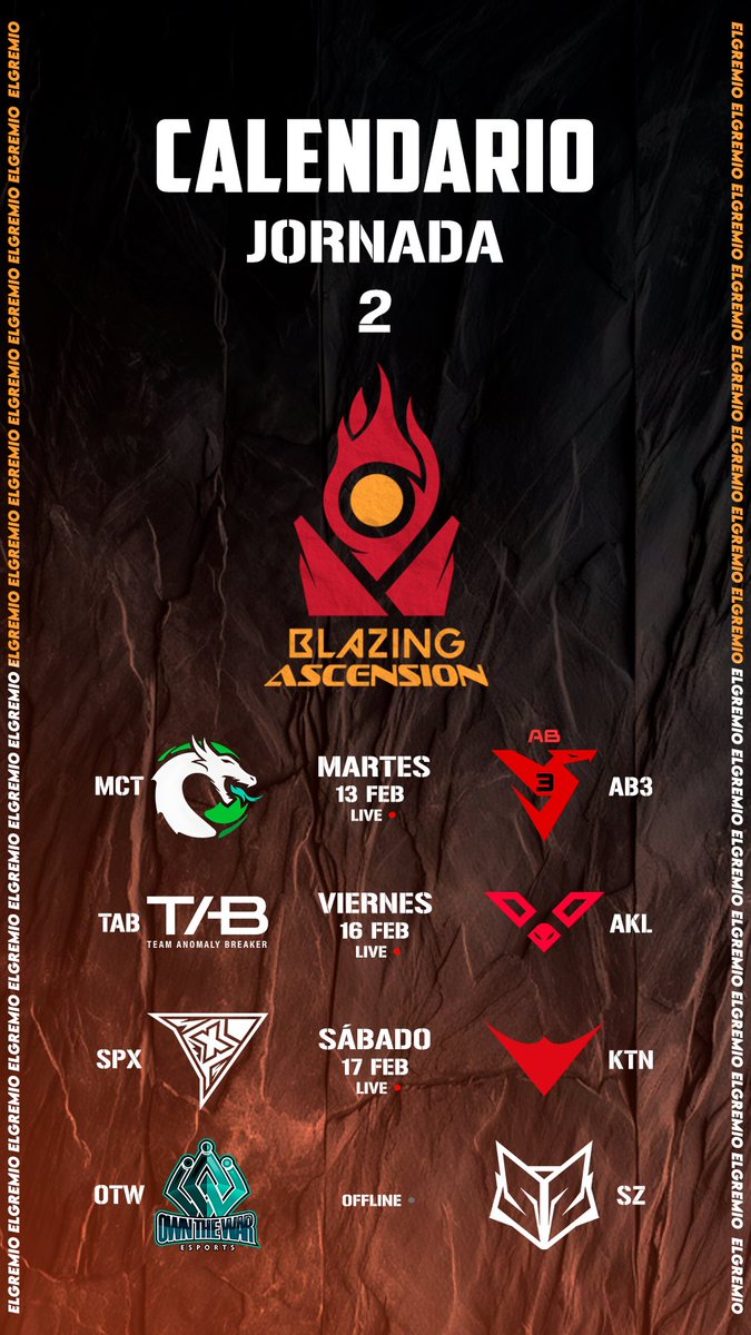Jornada 2 se presenta con los siguientes encuentros:

13/02 - 🔴7pm🇨🇷🇲🇽
@MalecientEsp vs <a href="/AB3_Esports/">AB3 ESPORTS</a> 
16/02 - 🔴7pm🇨🇷🇲🇽
<a href="/TAB_Anomaly/">Team Anomaly Breaker 🇲🇽</a> vs <a href="/AkilaGG/">Akila</a>
17/02 - 🔴7pm🇨🇷🇲🇽
<a href="/spxcrew_cr/">SpxCrew</a> vs <a href="/KTANAesports/">KTANA🎋</a> 
17/02 - ⚫️7pm🇨🇷🇲🇽
OWT vs @solarz_cr 

📺twitch.tv/elgremiocr