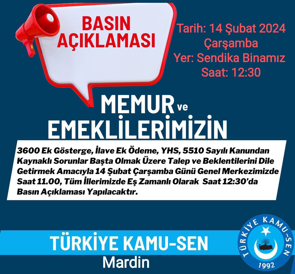 MesutUregen's tweet photo. Türkiye Kamu-Sen Mardin Temsilciliği olarak;
✍️ 3600 Ek Gösterge
✍️ Memur/Emekli Maaş Zammı 
✍️ İlave Ek Ödeme
✍️ Yardımcı Hizmetler Sınıfının Sorunları 
Başta olmak üzere Memur/Emeklilerimizin Sorunlarını/Taleplerini dile getirmek üzere tüm çalışanları bekliyoruz
#memur 
#emekli https://t.co/T9i6k3WeYr