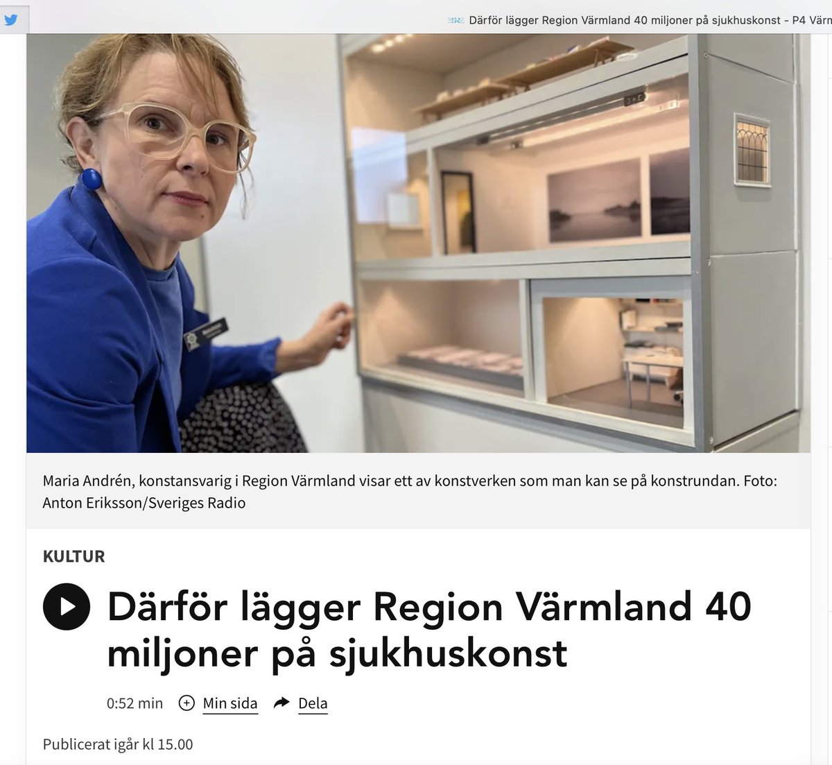 Varför pengarna inte räcker till sjukvård? Region Värmland försökte lägga ner akuten i Arvika. Besparing 22,9 milj. Samtidigt planeras konstinköp för 40 milj. Konstansvarig: "man kan se konsten som ett instrument för nånting ,att skapa en attraktiv plats"
Jag vill hellre ha vård!