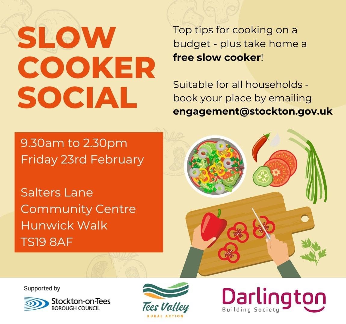 ❓Want to learn how to cook on a budget, then book your place on the ''Slow Cooker Social'' session, on 🗓️Friday 23rd  Feb.

📍Salters Lane Community Centre.

To book your place or for more info 👉 engagement@stockton.gov.uk 

#Community #Stockton #LearnNewSkills #SlowCooker